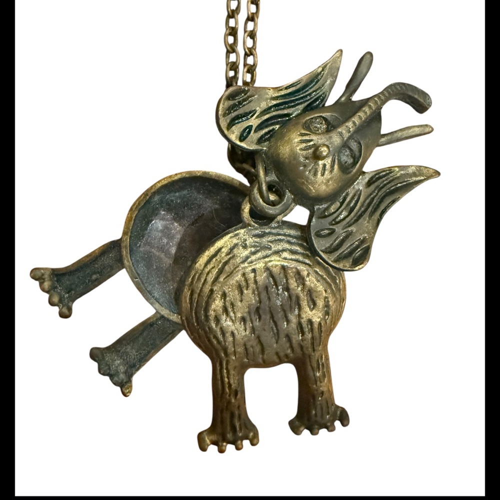 Brass Elephant Pendant Boho Stement Necklace - whimsical good luck charm - Picture 4 of 8
